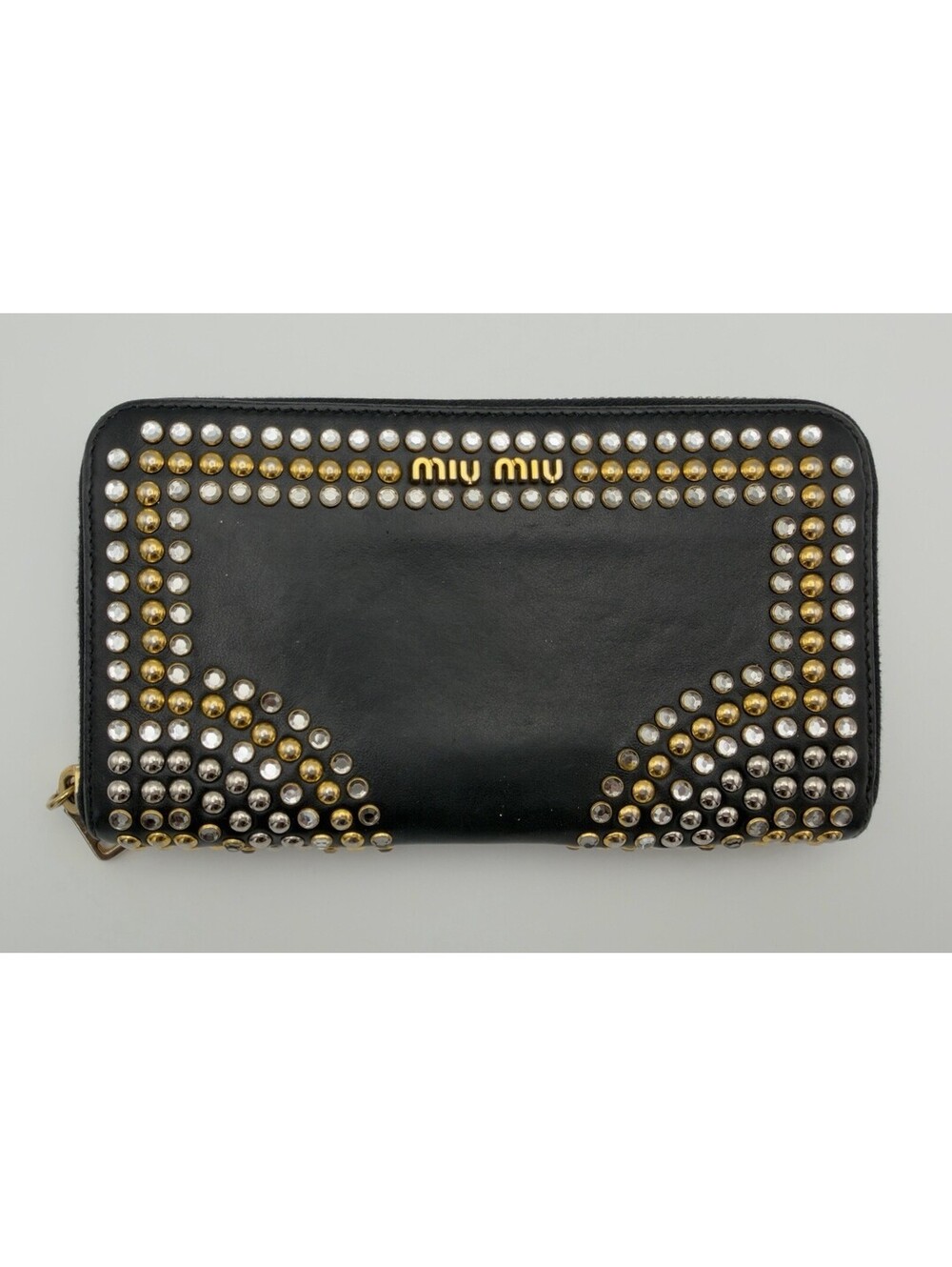 Authentic Rare Miu Miu Studded Leather Zip Around Long Wallet Black Zippy